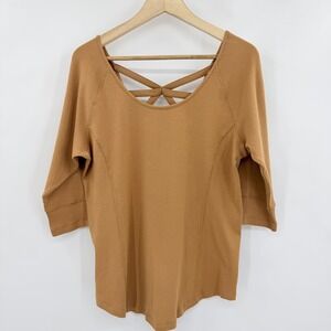 Maurices Ribbed Lattice Back Fitted Stretch Top Women XXL Camel Brown 3/4 Sleeve